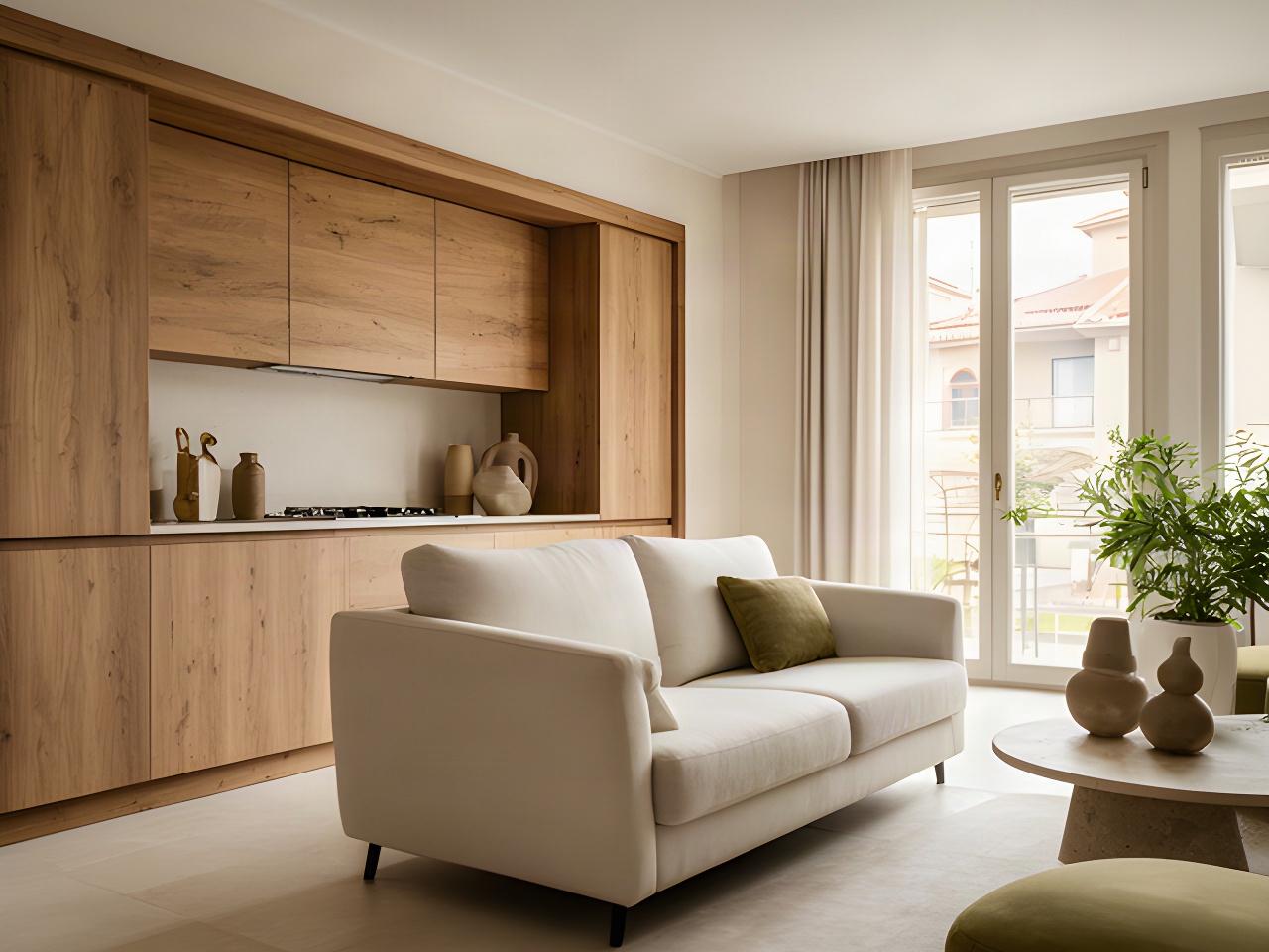 Soggiorno contemporaneo a Caivano con cucina in legno, divano chiaro e luce naturale