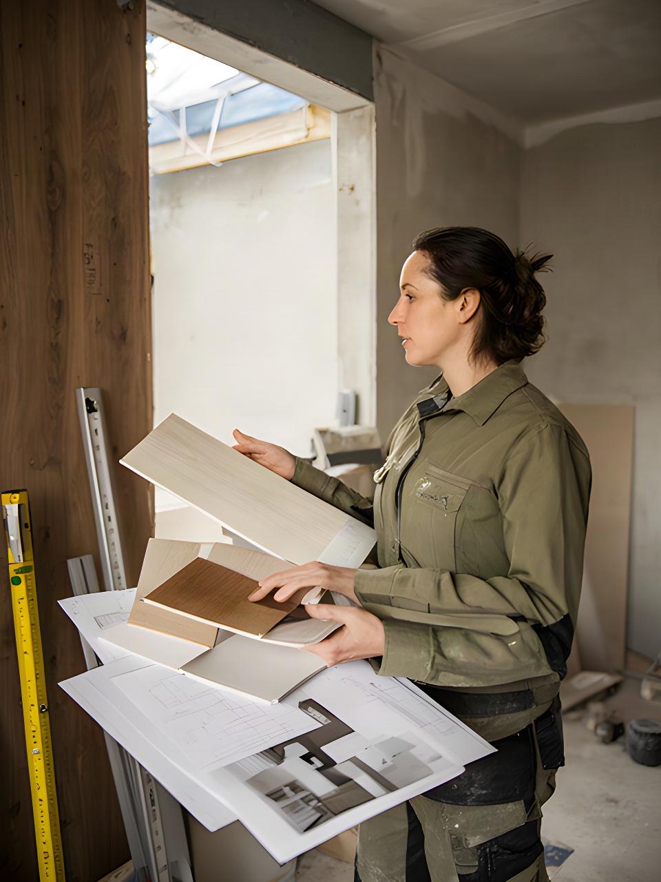 Interior designer durante un sopralluogo in cantiere con campioni di legno e tavole di progetto