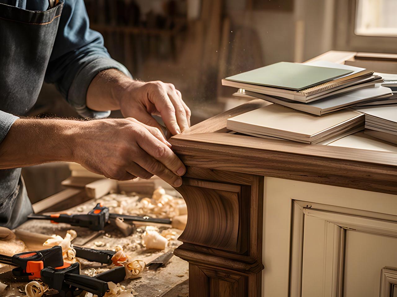 Artigiano campano al lavoro su un dettaglio in legno per un arredo su misura