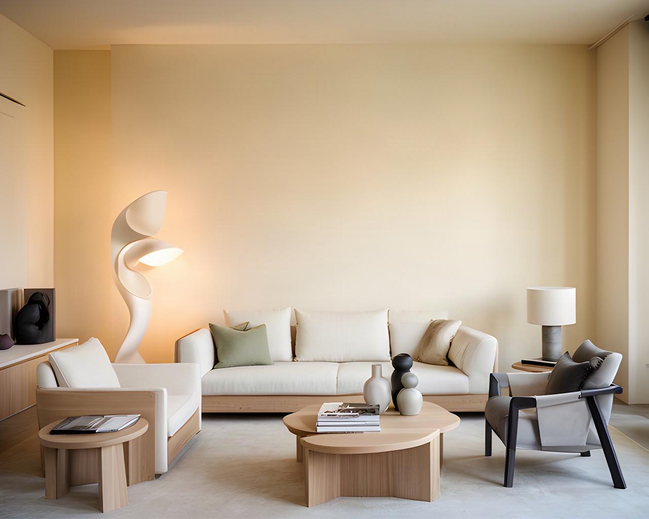 Soggiorno contemporaneo con parete color crema, lampada scultorea e arredi in legno chiaro
