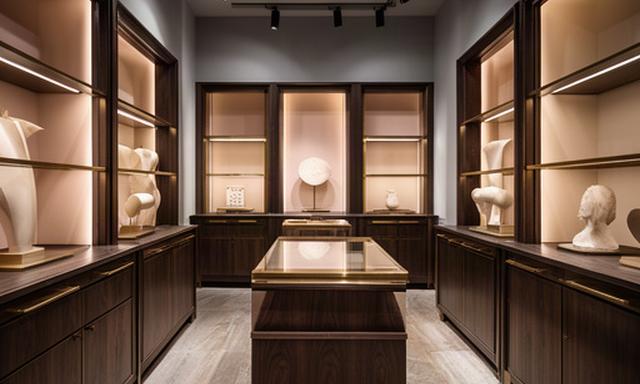 Boutique nel centro di Napoli con arredi su misura in ottone, legno scuro e illuminazione puntuale