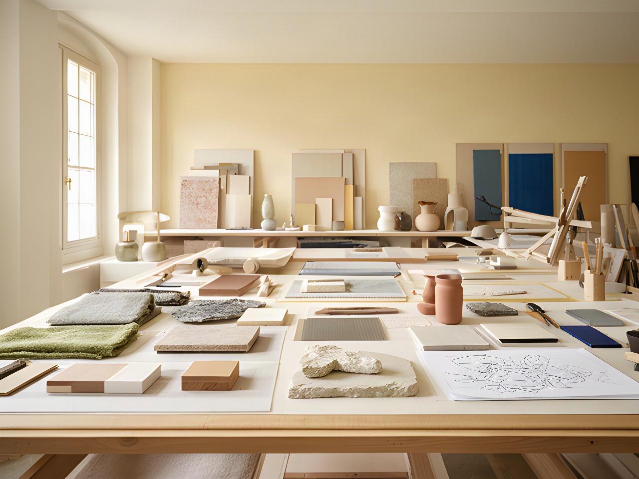 Studio di interior design a Caivano con tavolo da lavoro, campioni di materiali e luce naturale campana