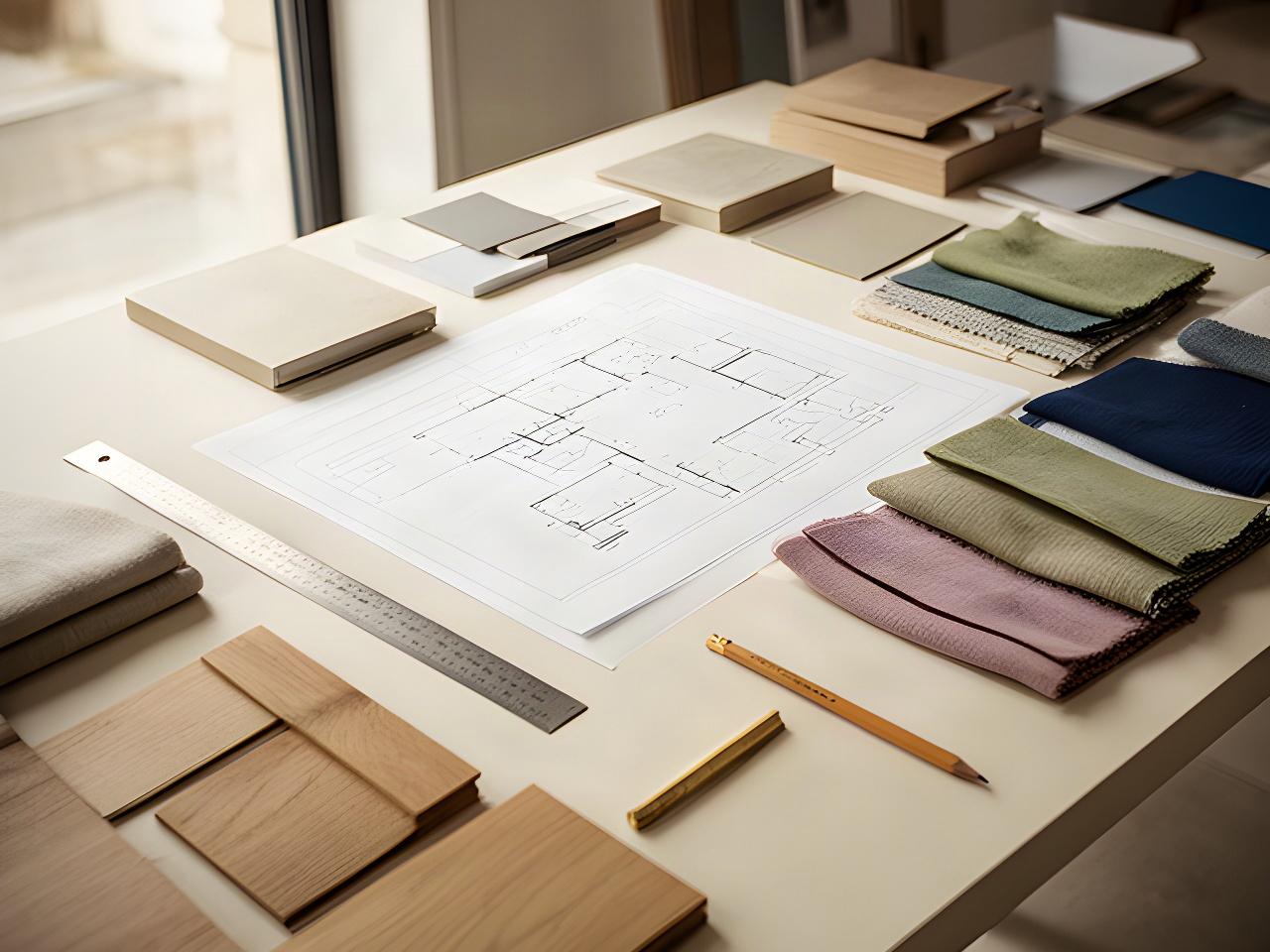 Tavolo di lavoro con planimetrie, campioni di materiali e matita in uno studio di interior design