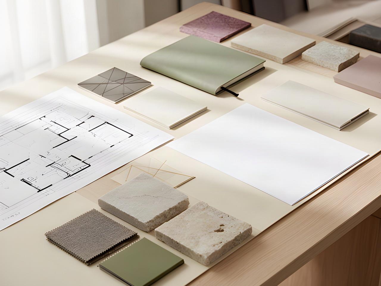 Scrivania di uno studio di interior design con planimetrie, campioni materici e documento sulla protezione dei dati