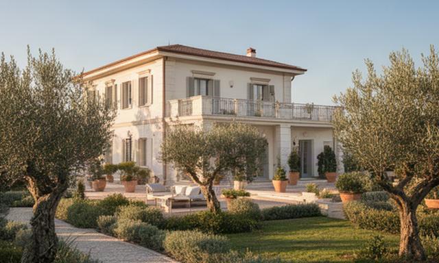 Villa ristrutturata a Caivano con facciata chiara, terrazza e giardino mediterraneo