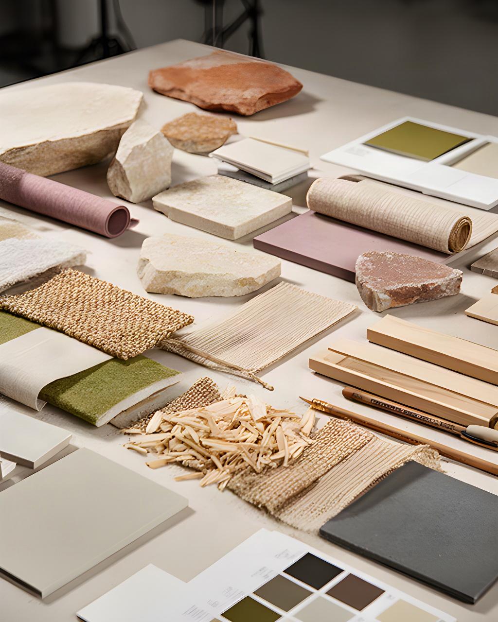 Tavolo di studio con campioni di pietra, tessuti naturali e tavole colore per un progetto d'interni