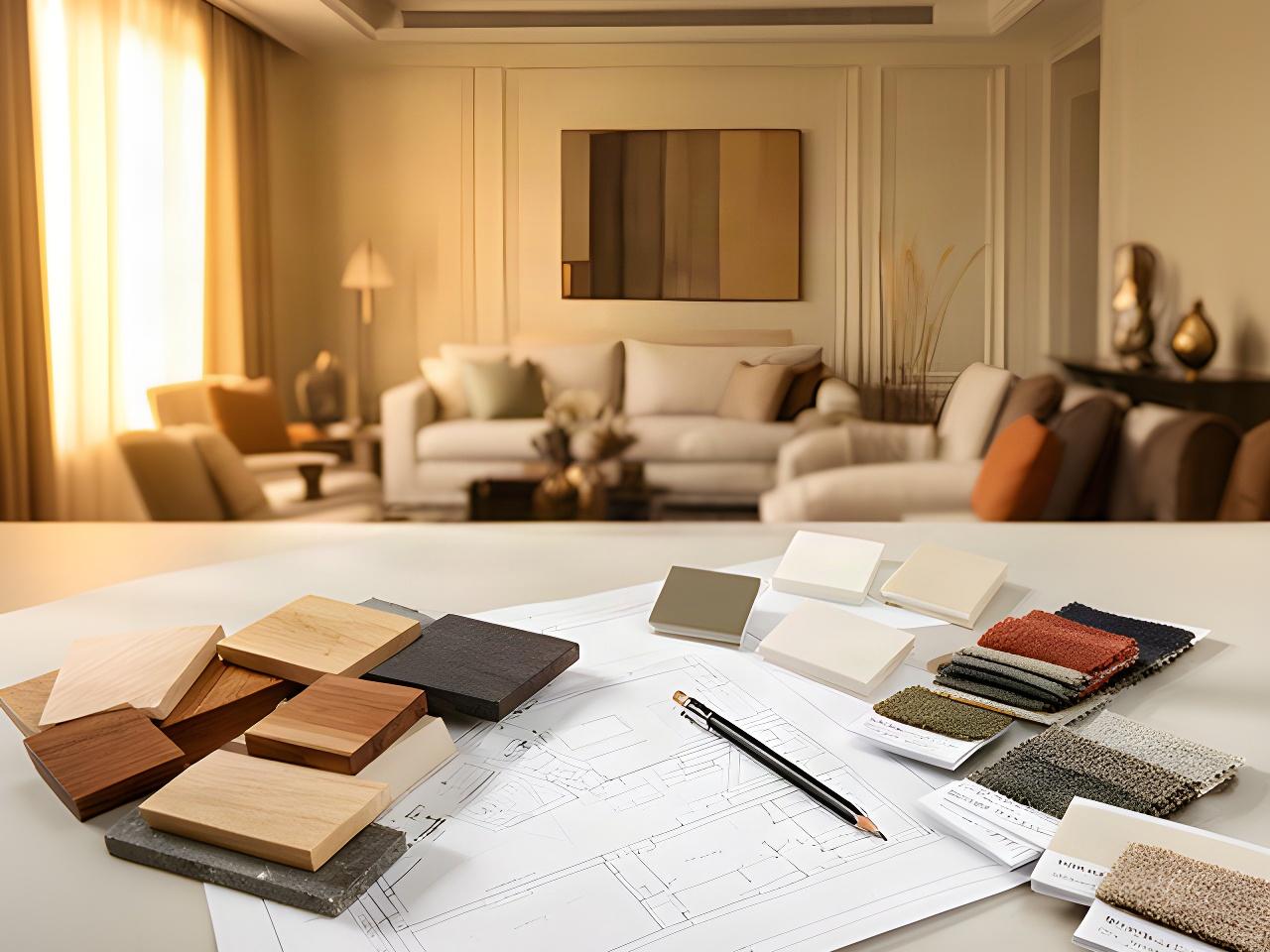 Interno residenziale con planimetria aperta e materiali selezionati su un tavolo di progetto